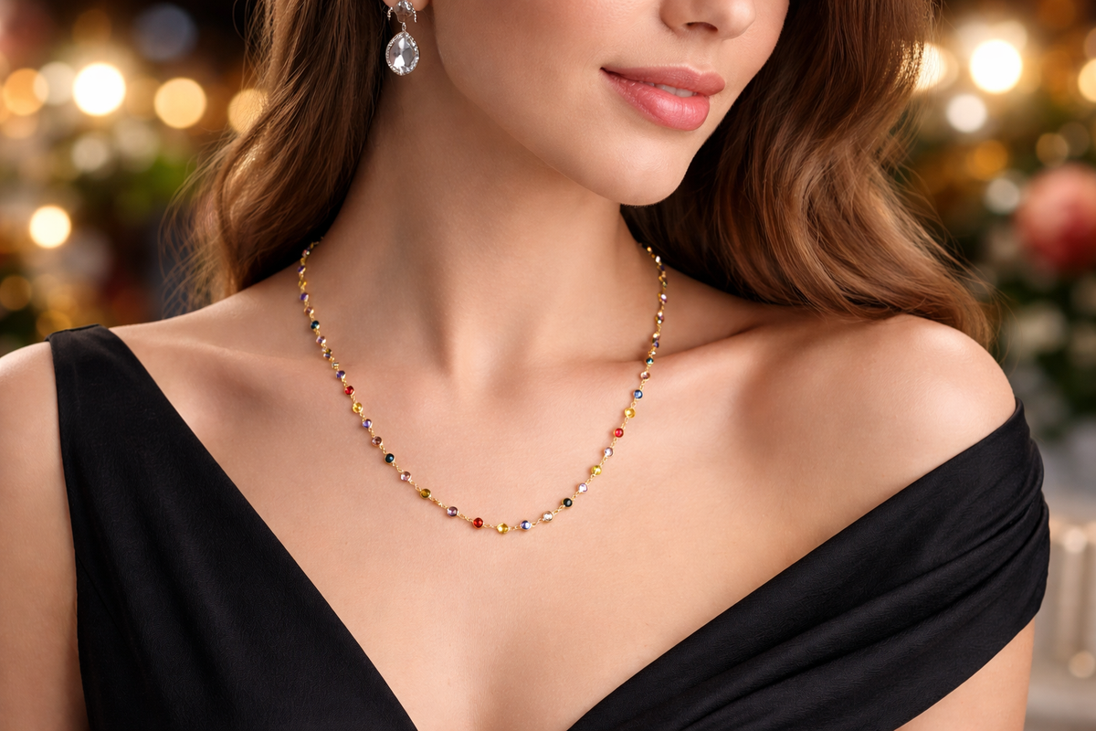 Multicolor Gemstone Station Necklace in Gold