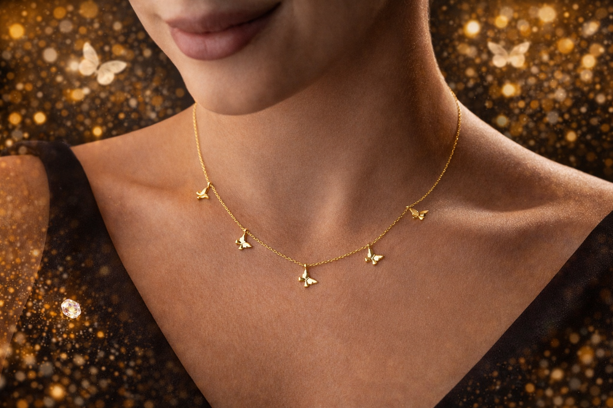 Butterfly Charm Station Necklace in Gold