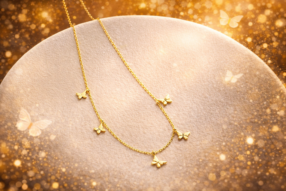 Butterfly Charm Station Necklace in Gold
