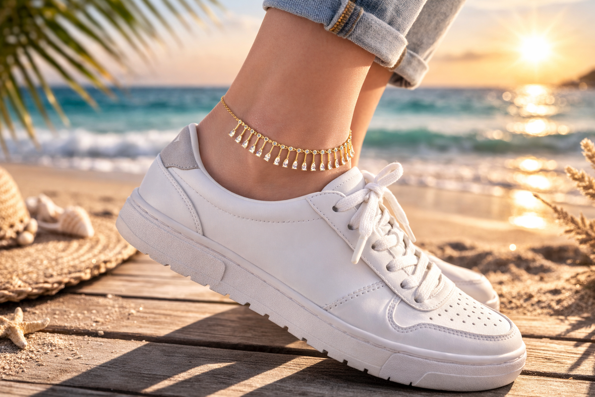 Crystal Fringe Gold Anklet