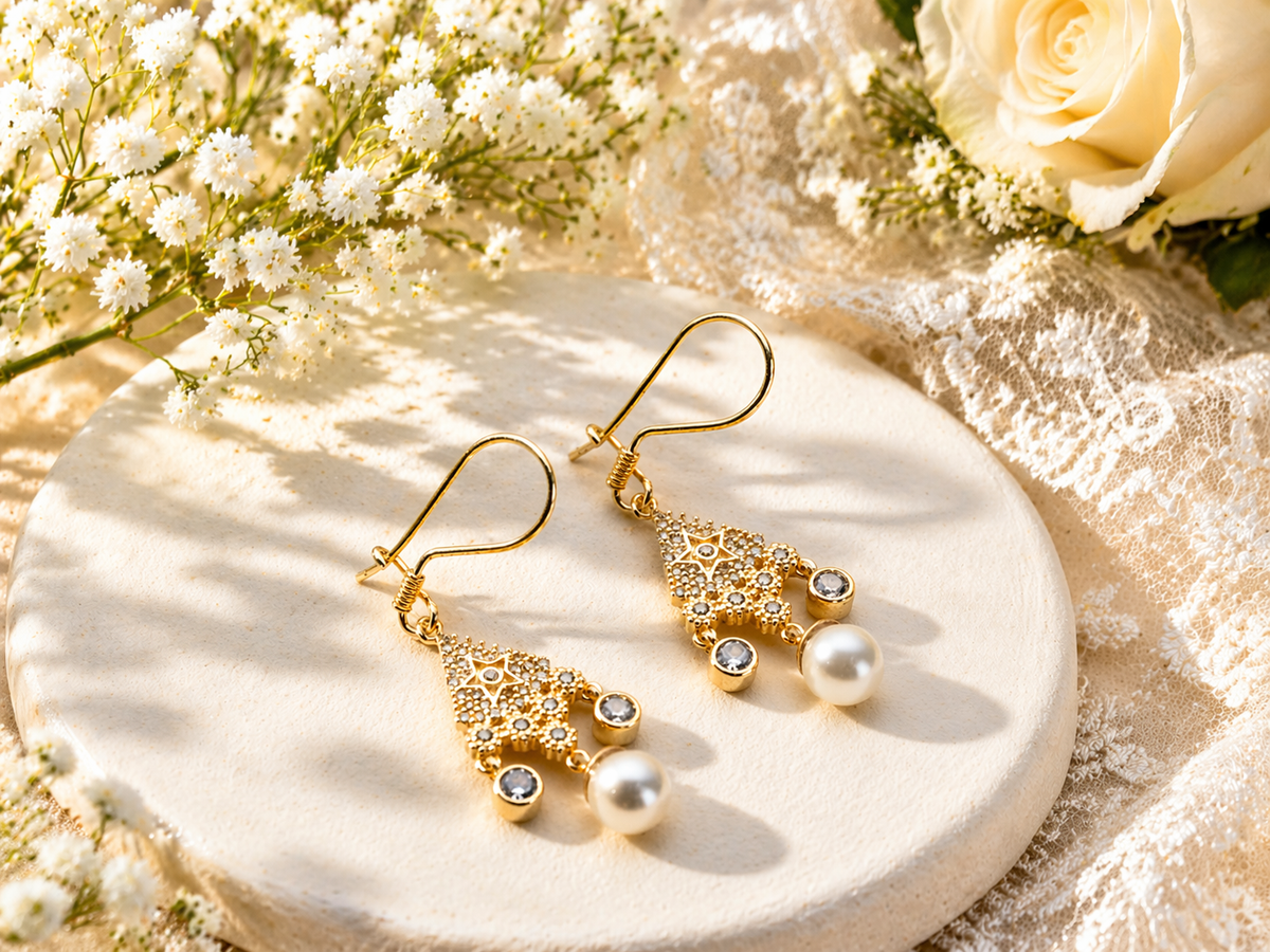 Gold Star Pearl Chandelier Earrings