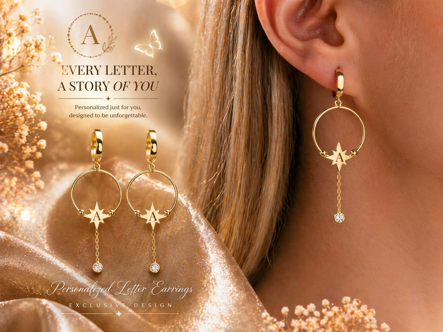 Custom Initial North Star Hoop Earrings