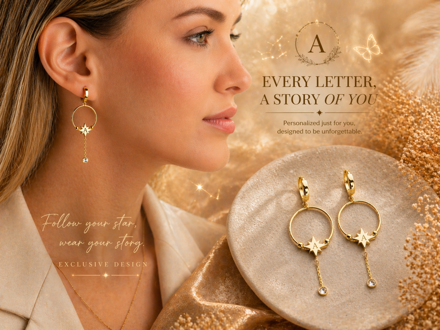 Custom Initial North Star Hoop Earrings