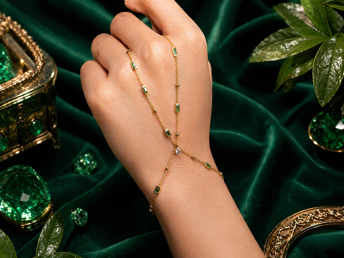Emerald Baguette Hand Chain Bracelet