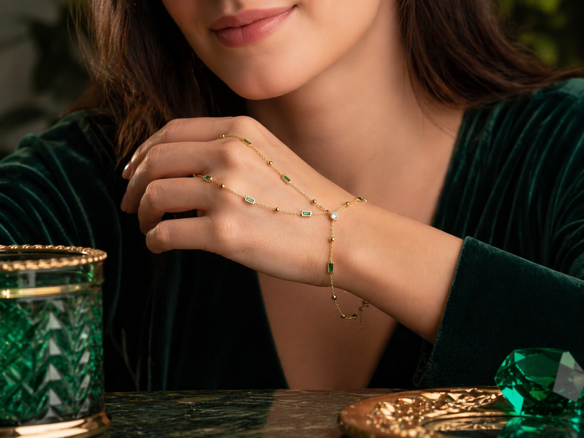 Emerald Baguette Hand Chain Bracelet