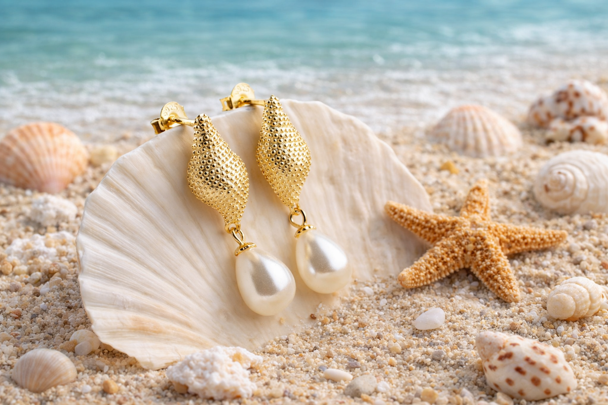 Gold Seashell Pearl Drop Earrings