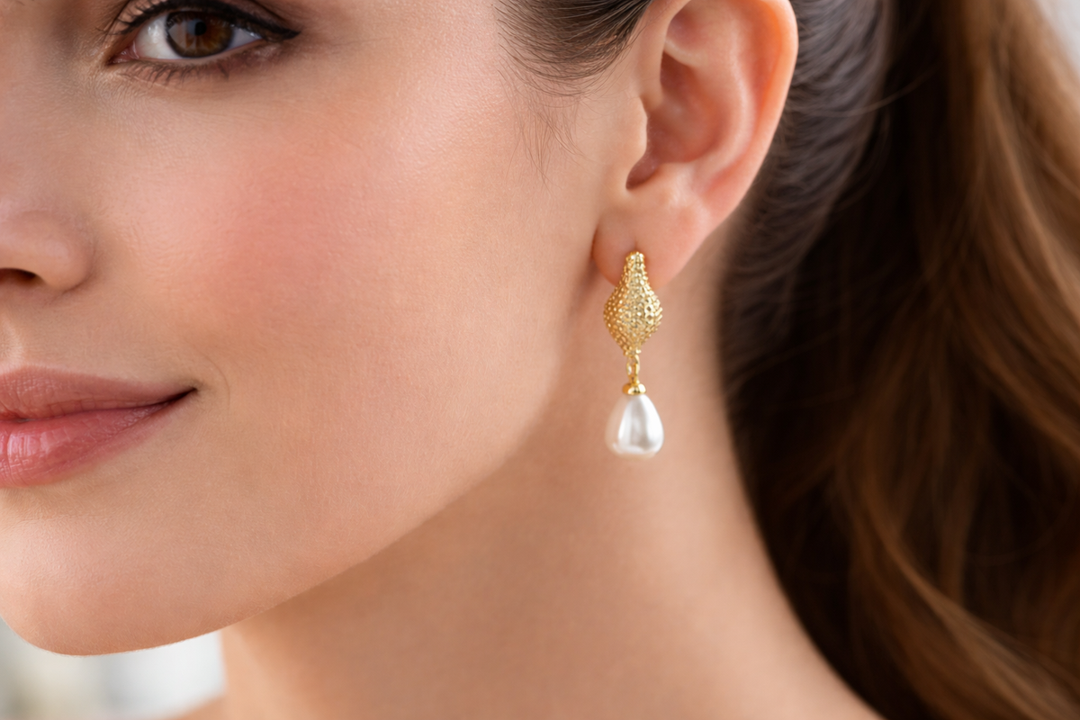 Gold Seashell Pearl Drop Earrings
