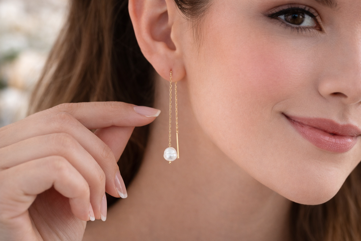 Pearl Drop Threader Earrings in Gold