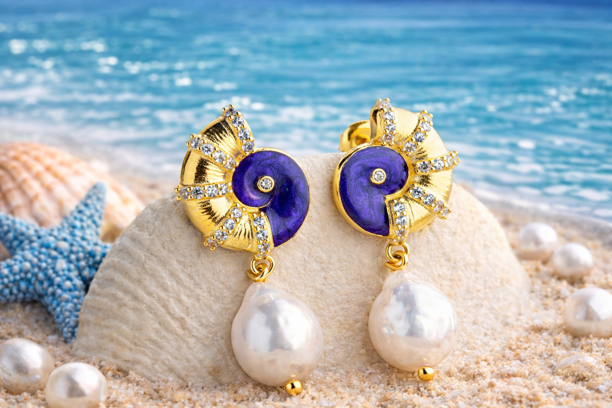 Nautilus Shell Pearl Drop Earrings