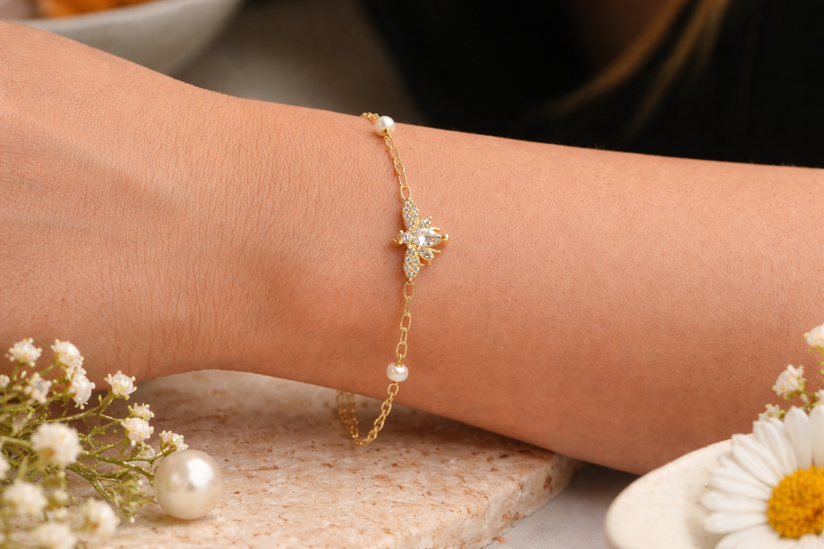 Pearl and Crystal Bee Charm Bracelet