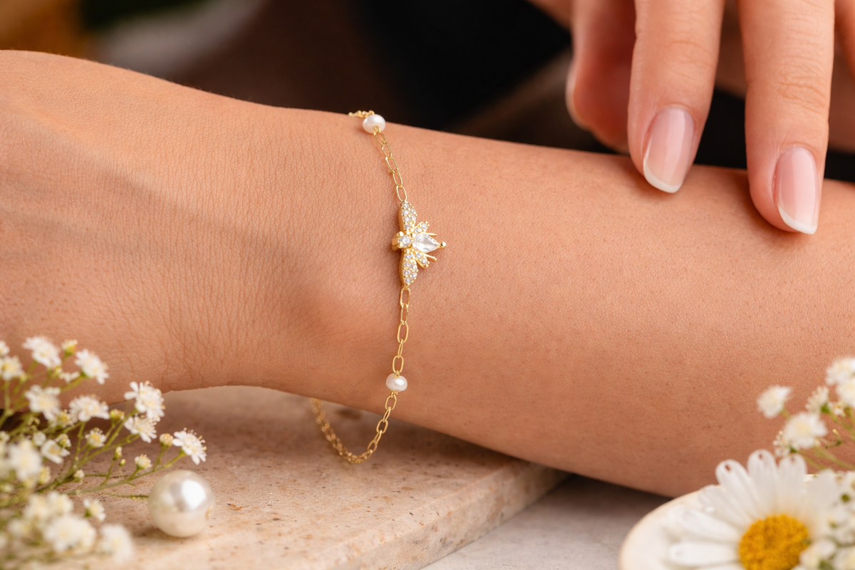 Pearl and Crystal Bee Charm Bracelet