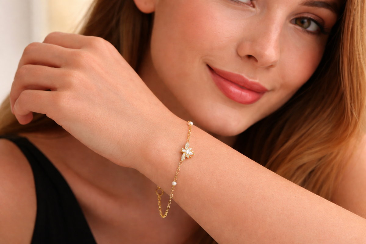 Pearl and Crystal Bee Charm Bracelet