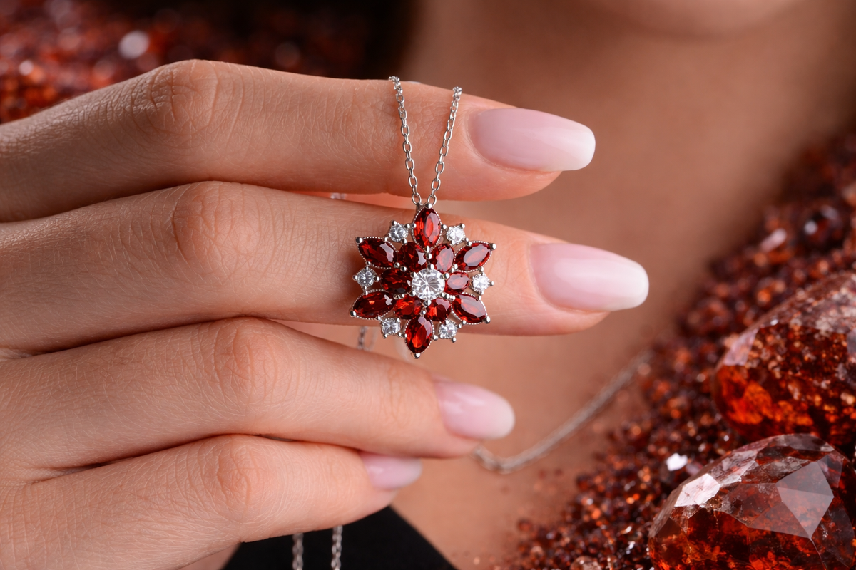 Garnet Flower Cluster Pendant Necklace