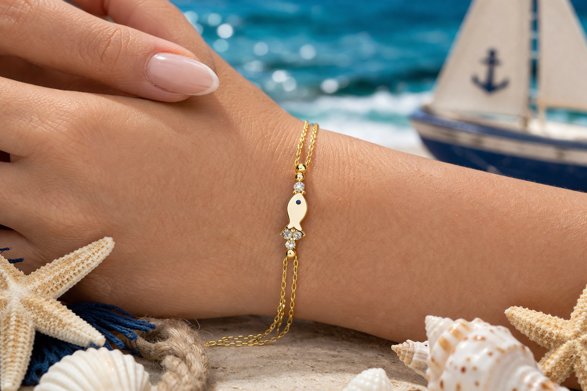 Gold Fish Charm Bracelet in Enamel