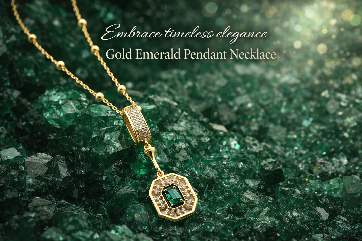 Gold Emerald Cut Halo Necklace