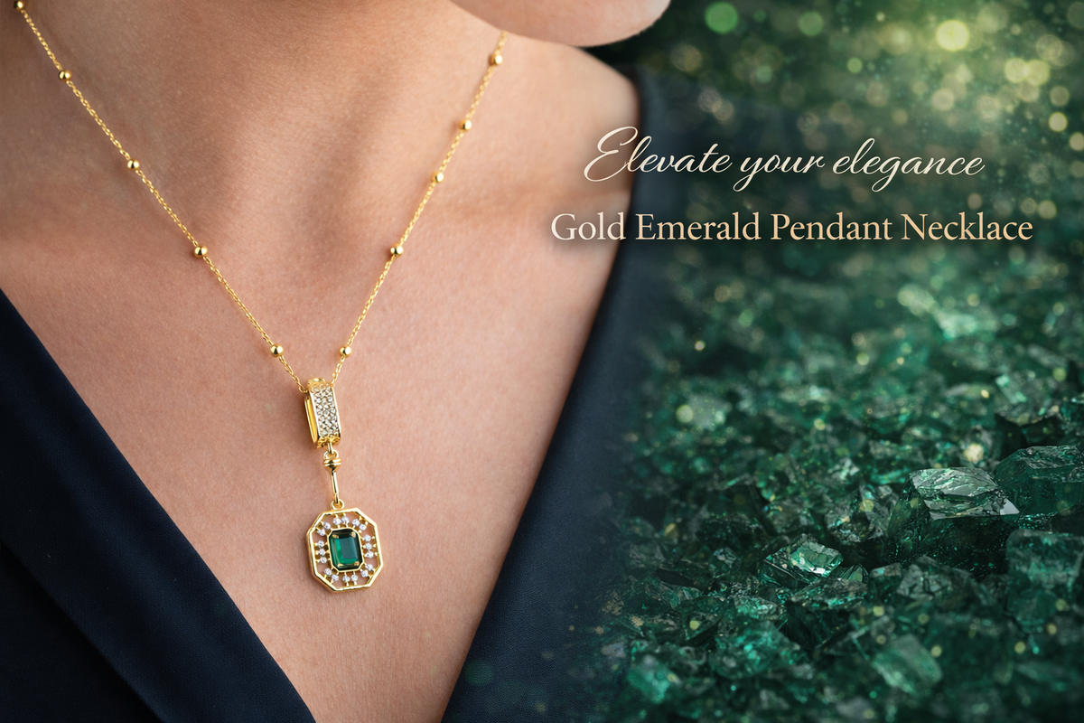 Gold Emerald Cut Halo Necklace