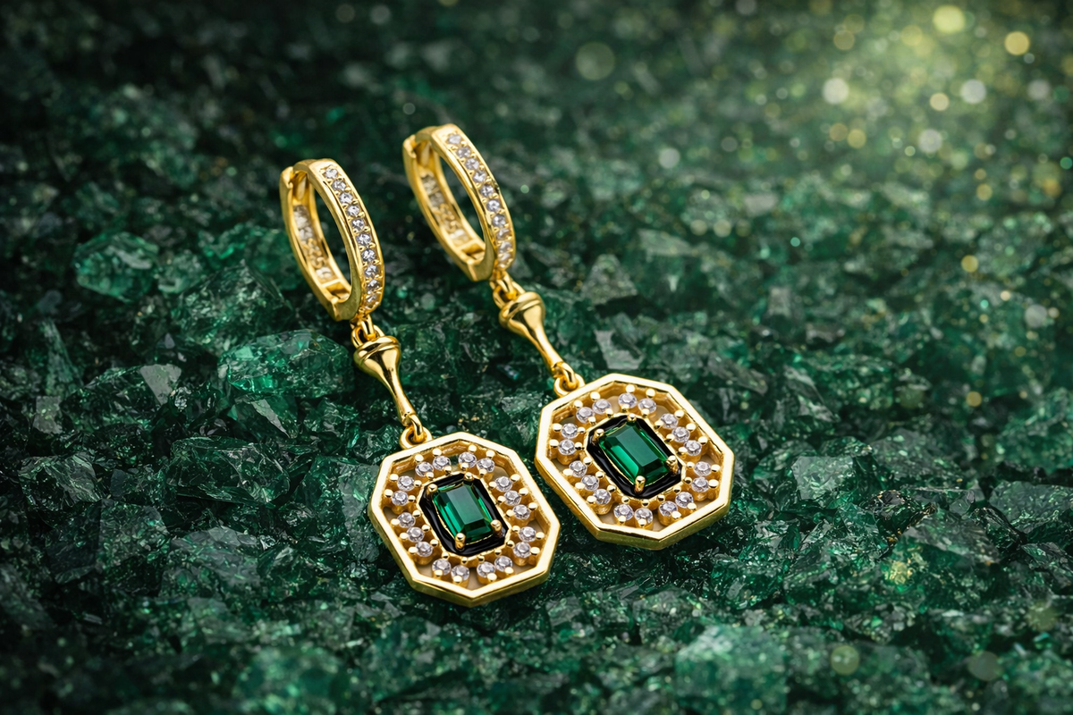 Emerald Cut Halo Drop Earrings