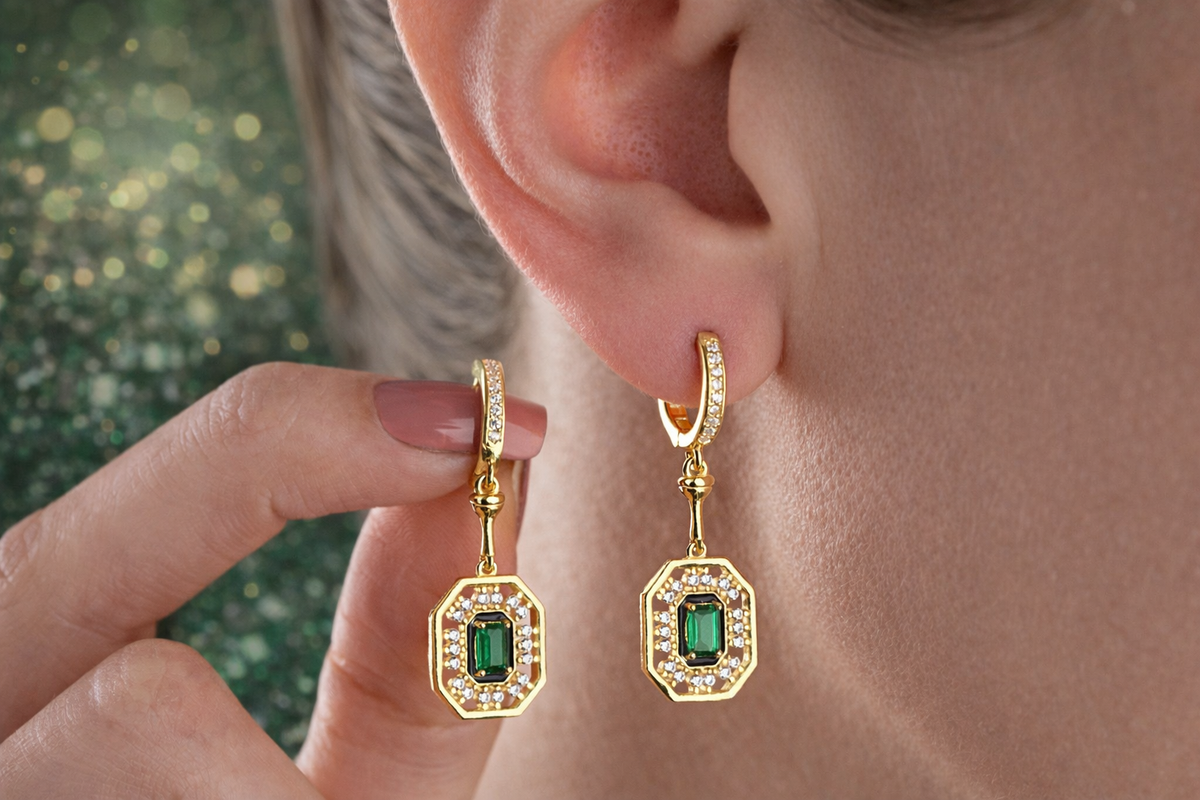 Emerald Cut Halo Drop Earrings