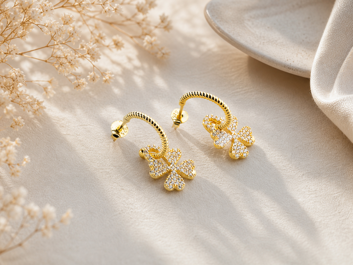 Pave Clover Drop Hoop Earrings