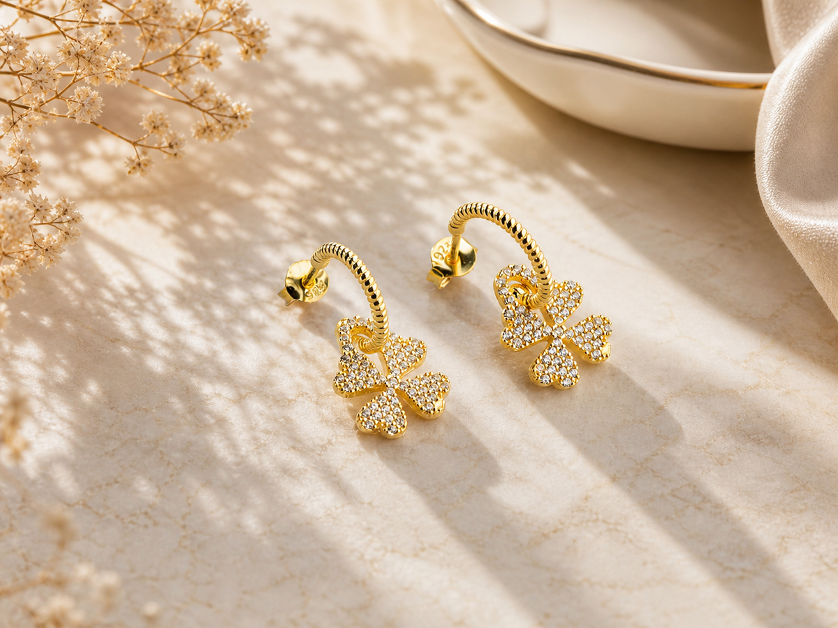 Pave Clover Drop Hoop Earrings