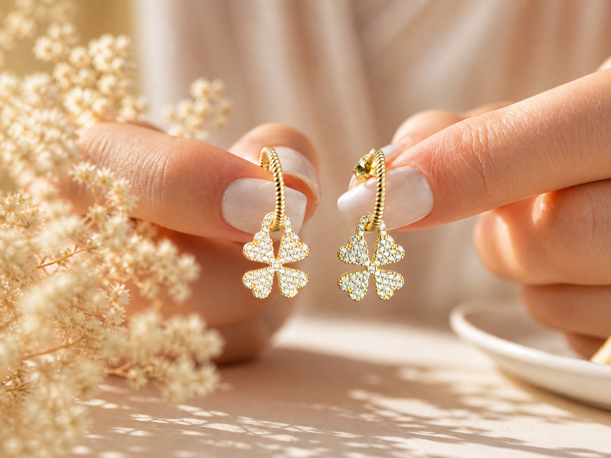 Pave Clover Drop Hoop Earrings