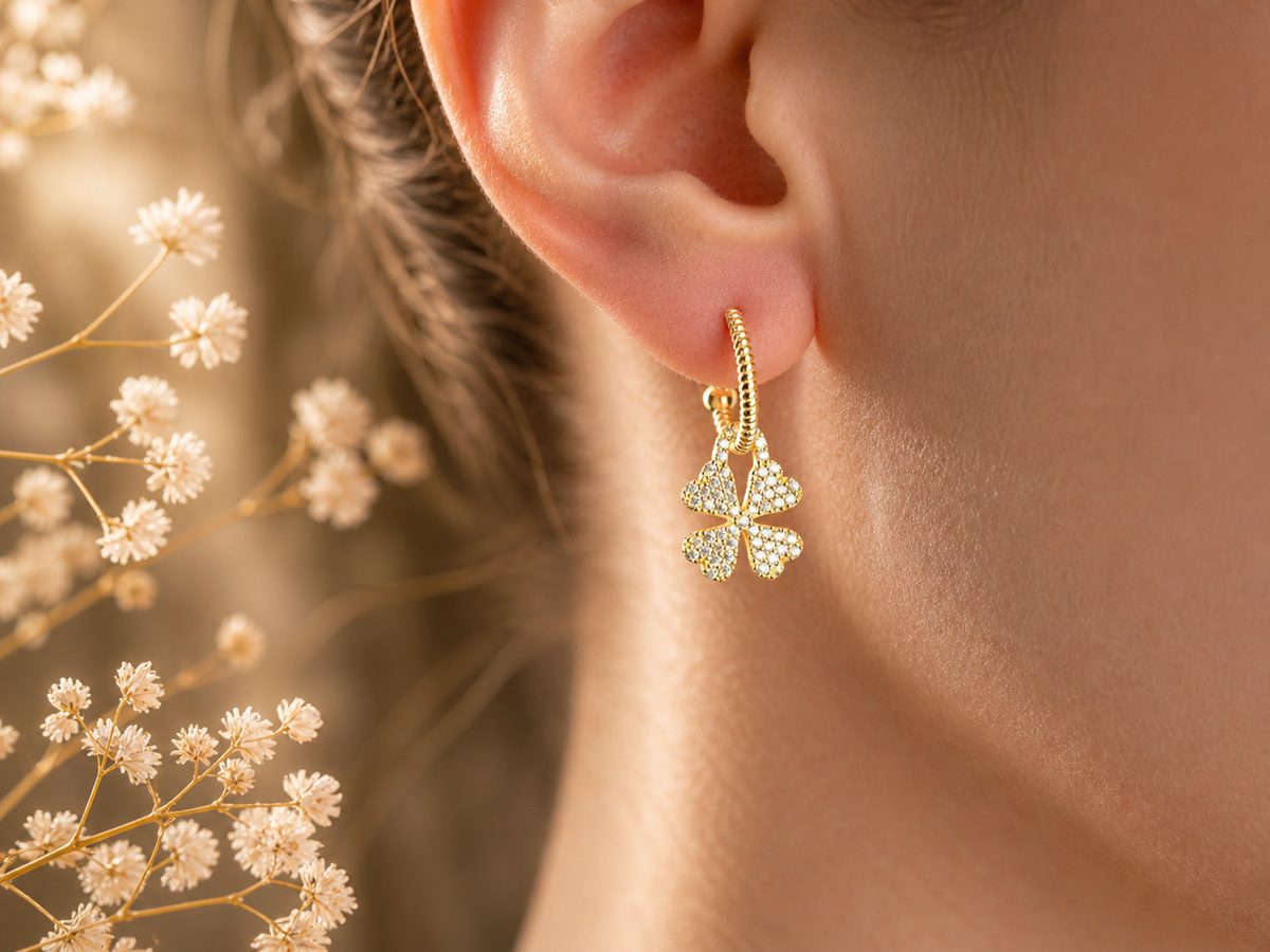 Pave Clover Drop Hoop Earrings