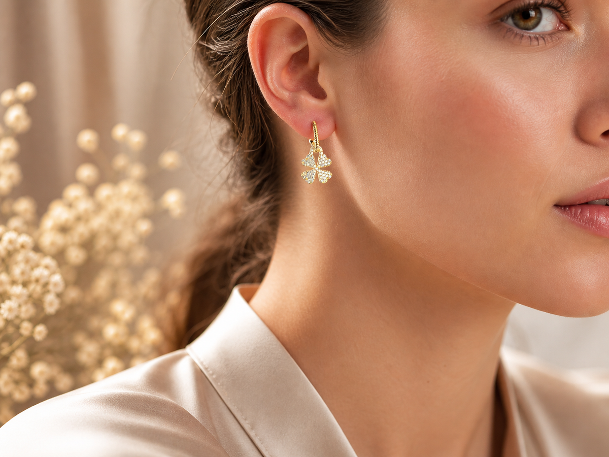 Pave Clover Drop Hoop Earrings