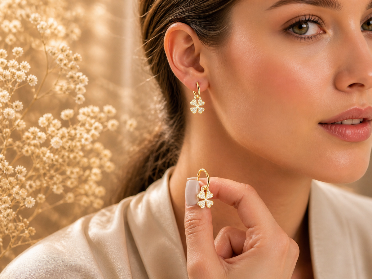 Pave Clover Drop Hoop Earrings
