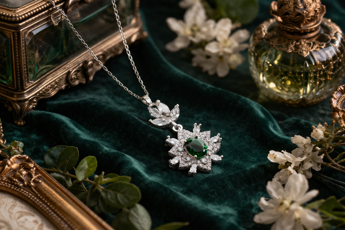 Emerald Green Floral Pendant Necklace