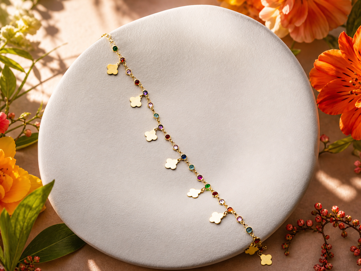 Gold Clover Rainbow Stone Anklet