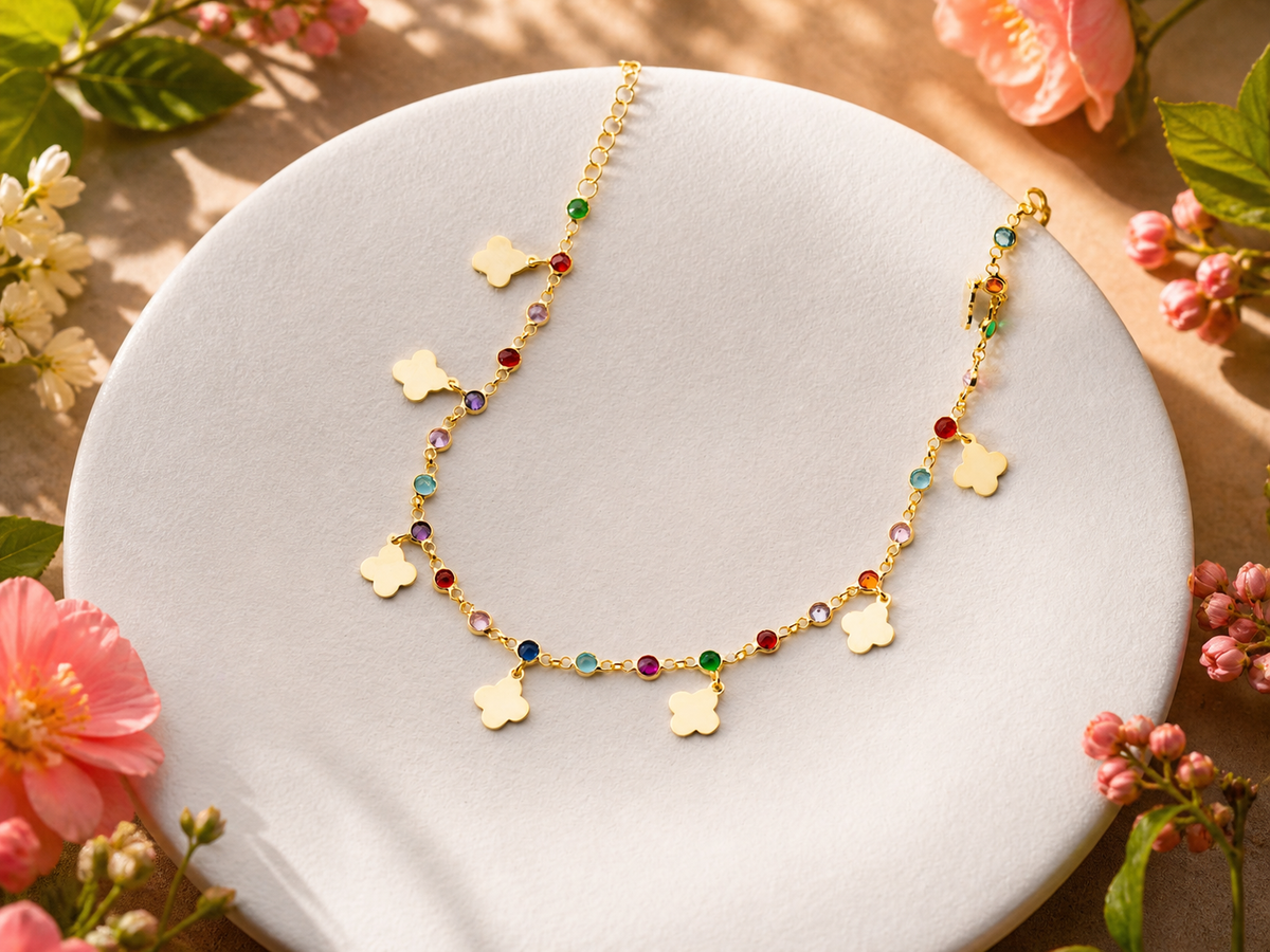 Gold Clover Rainbow Stone Anklet