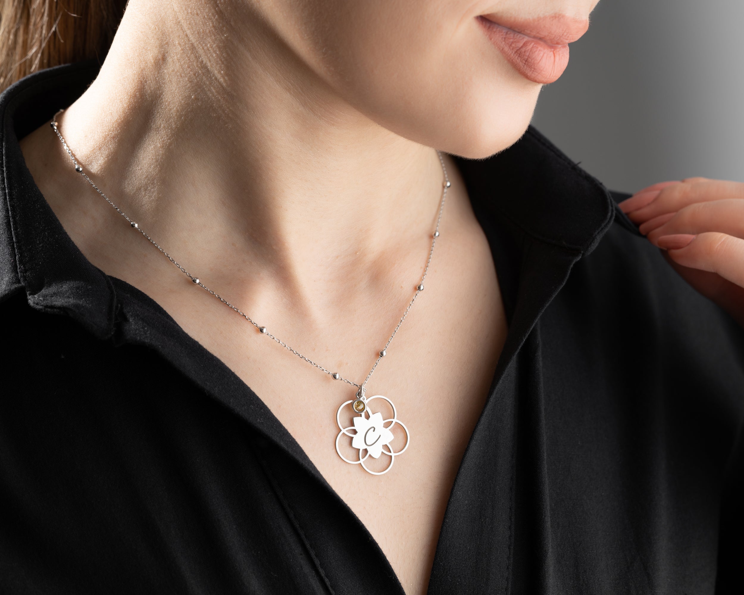 Lotus Flower Initial Birthstone Necklace