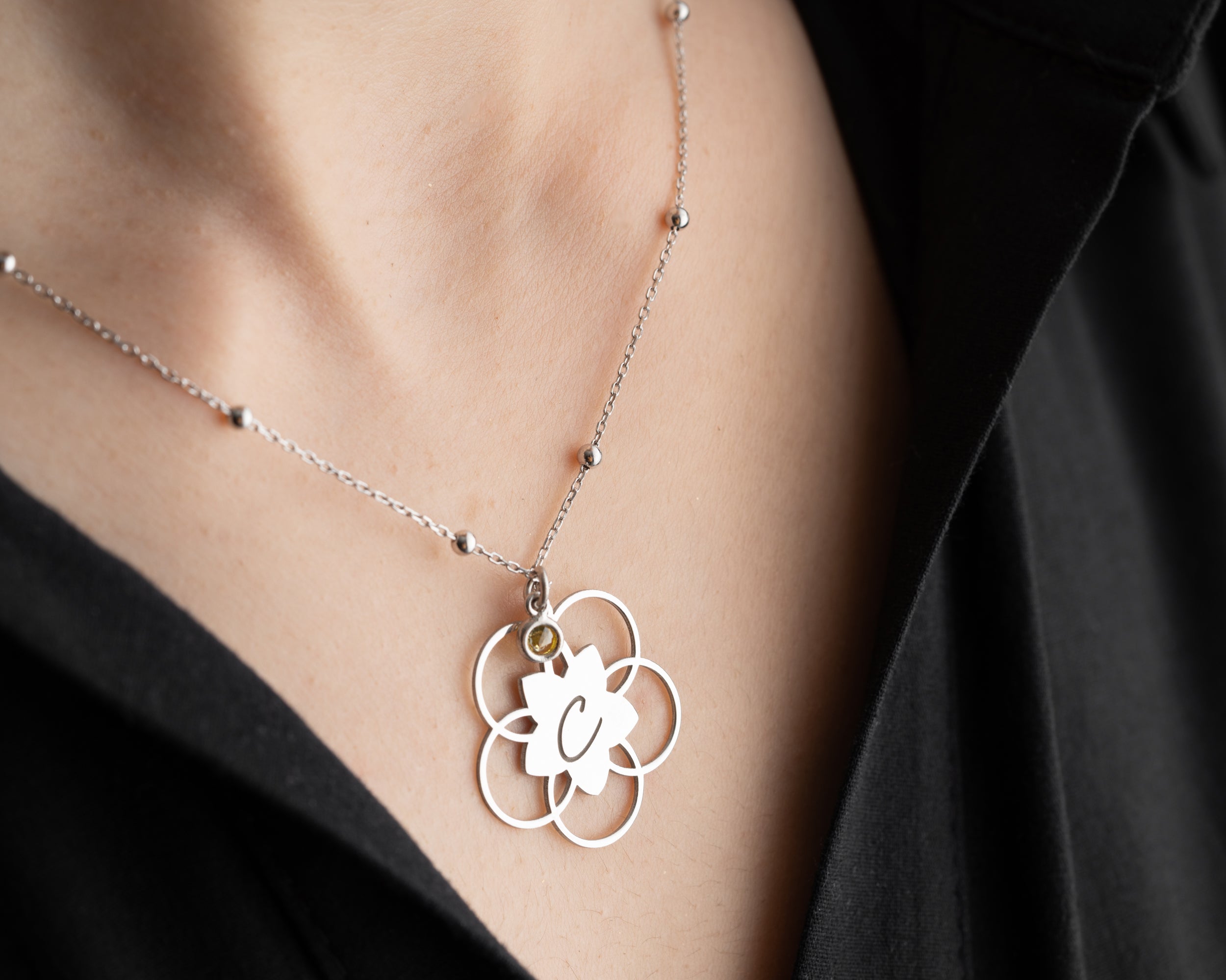 Lotus Flower Initial Birthstone Necklace