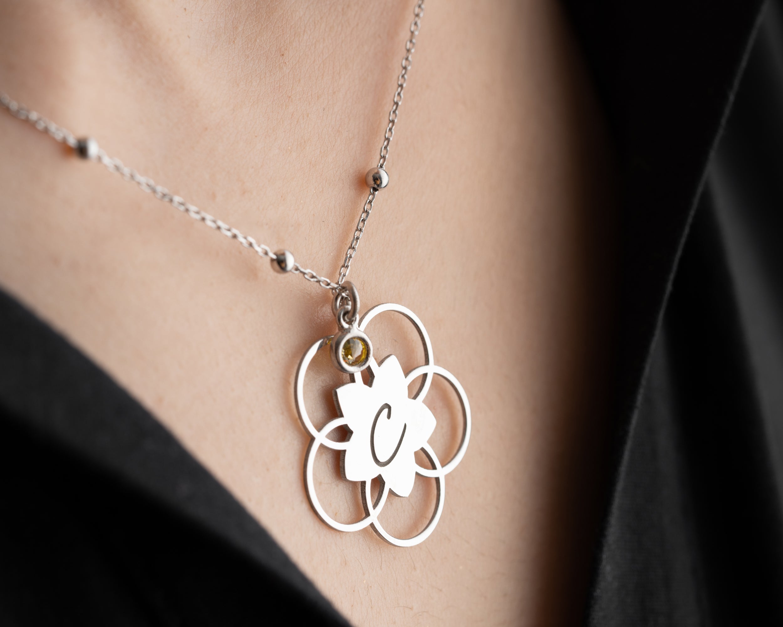 Lotus Flower Initial Birthstone Necklace