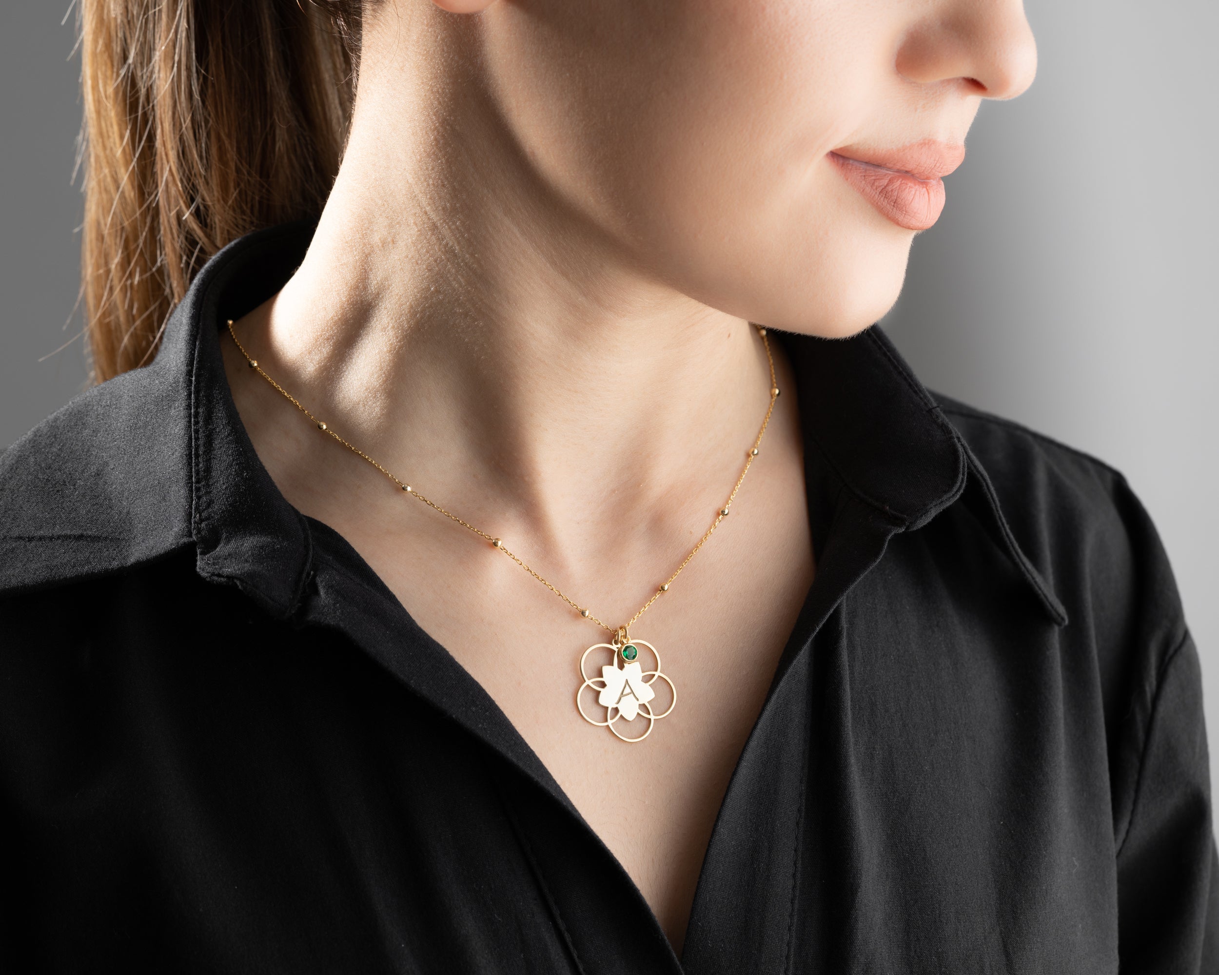 Lotus Flower Initial Birthstone Necklace