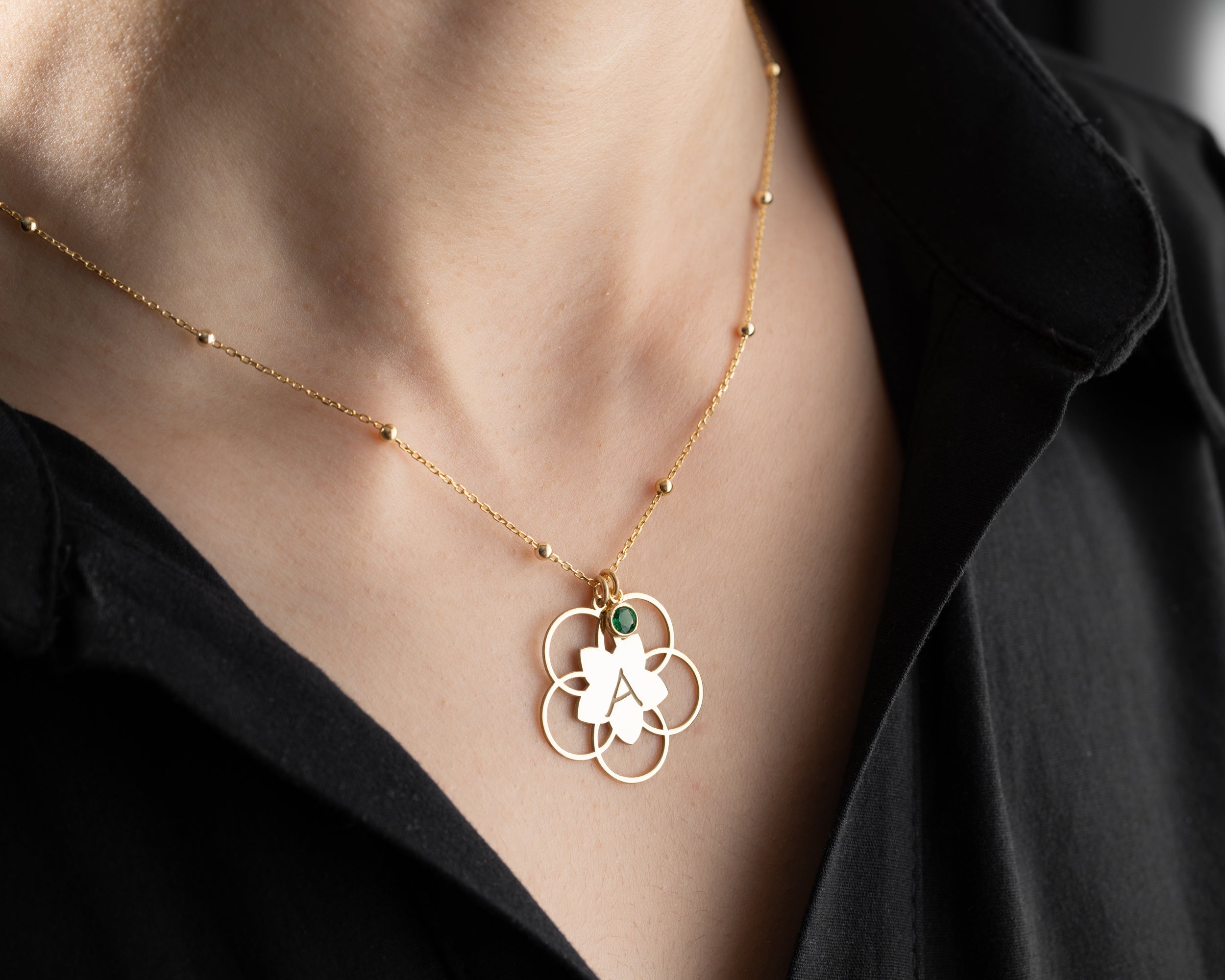 Lotus Flower Initial Birthstone Necklace