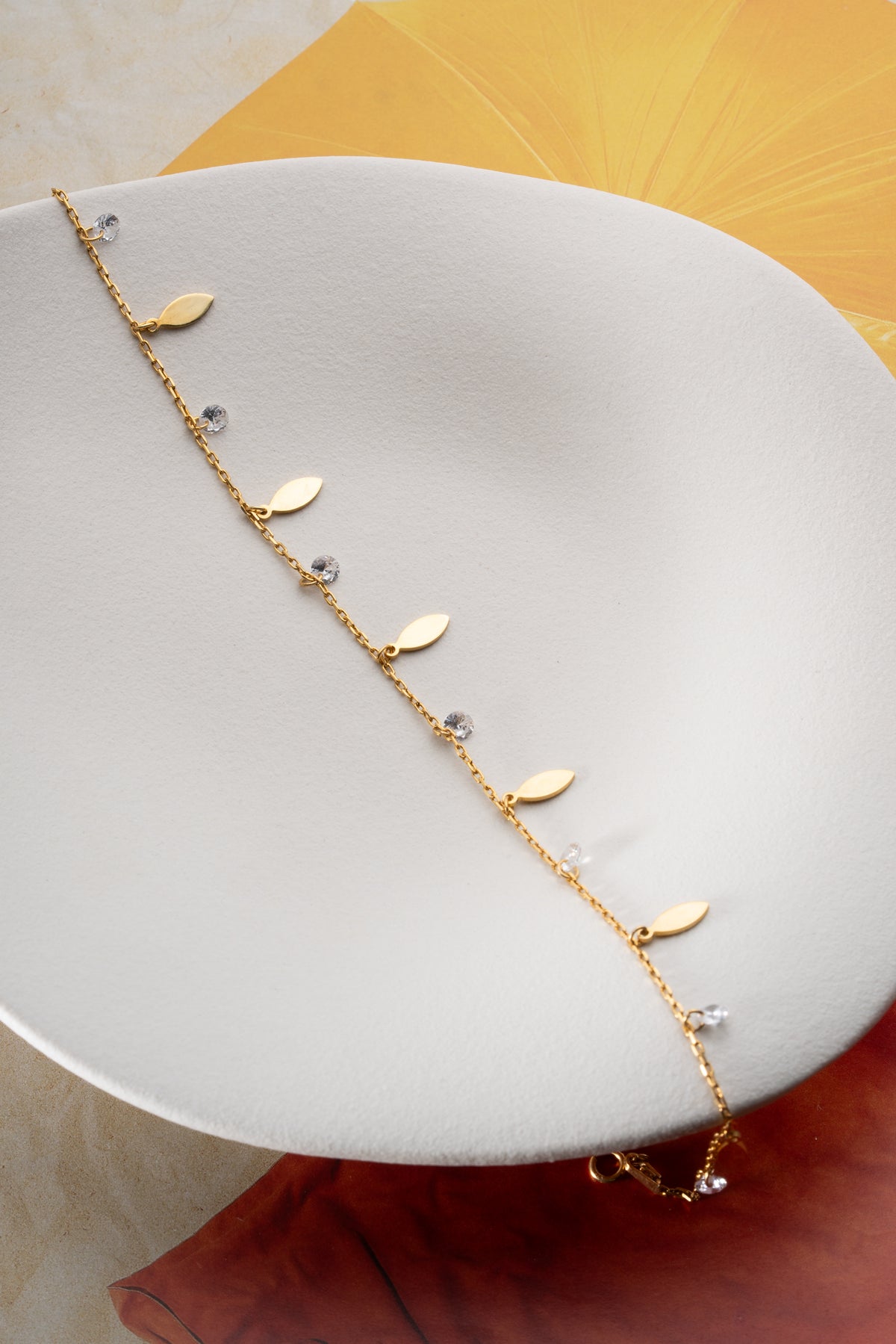 Gold Leaf and Crystal Charm Anklet