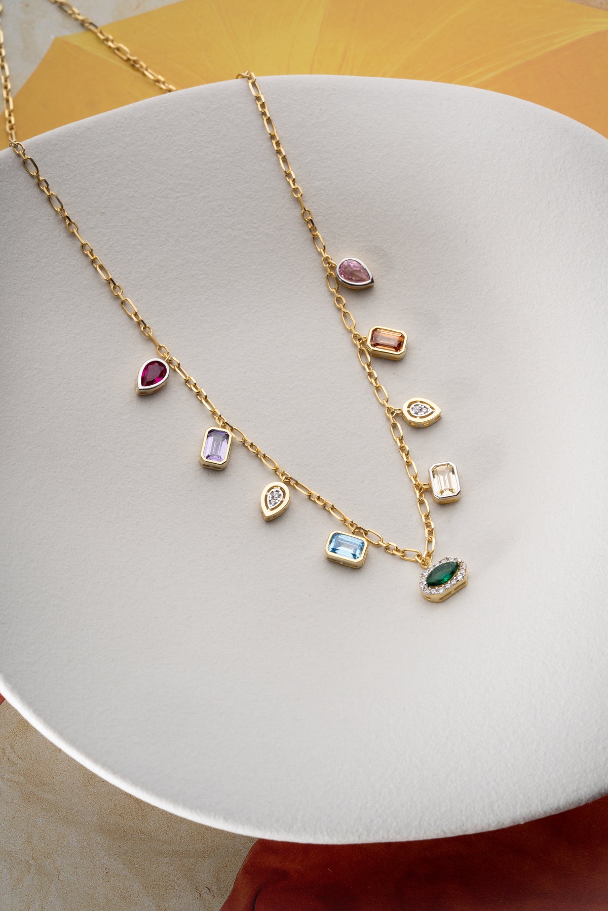 Multicolor Gemstone Charm Necklace in Gold