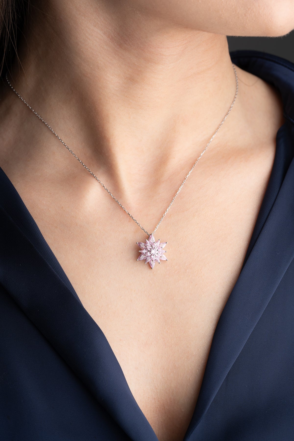 Pink Crystal Flower Cluster Necklace