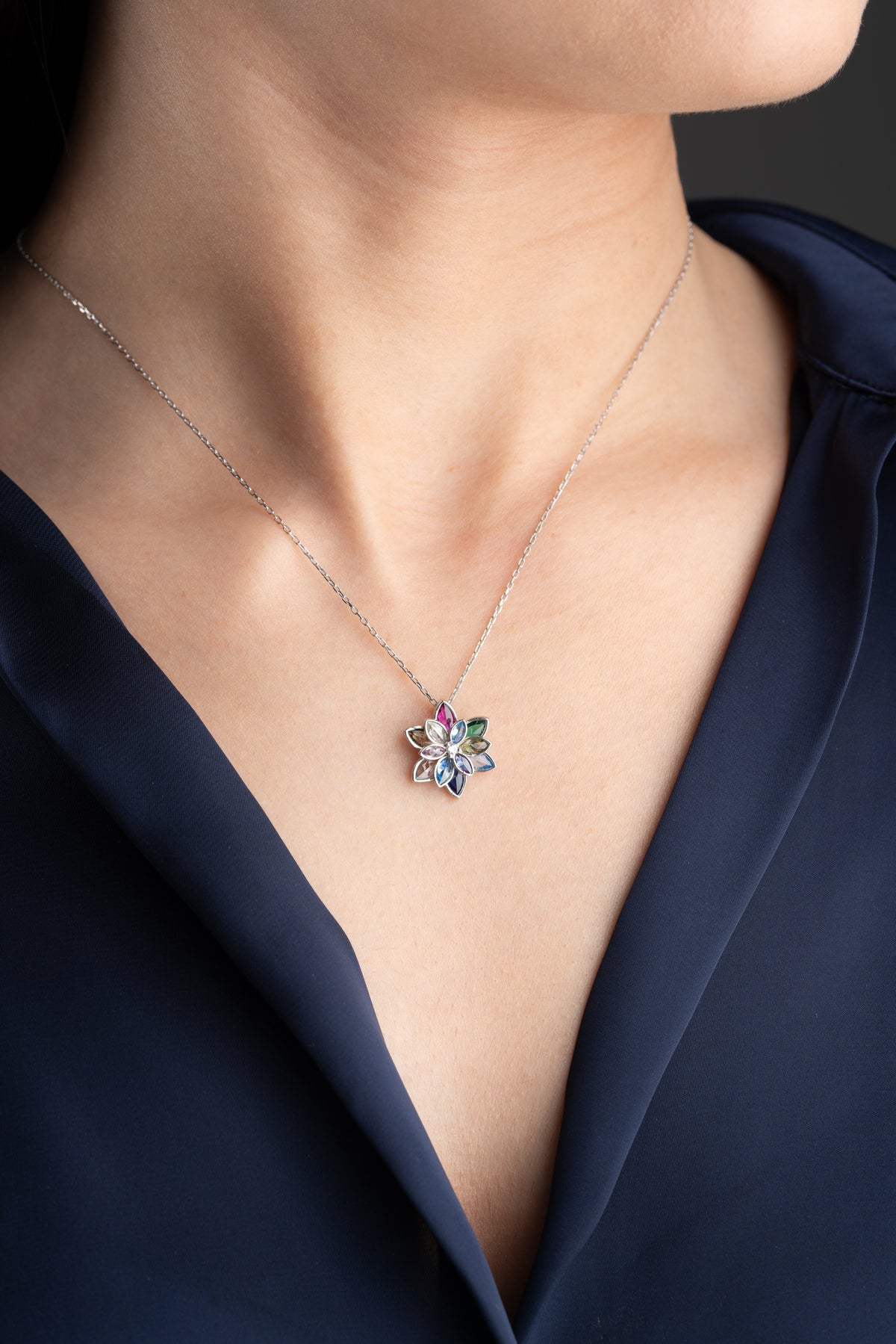 Multicolor Gemstone Flower Pendant Necklace