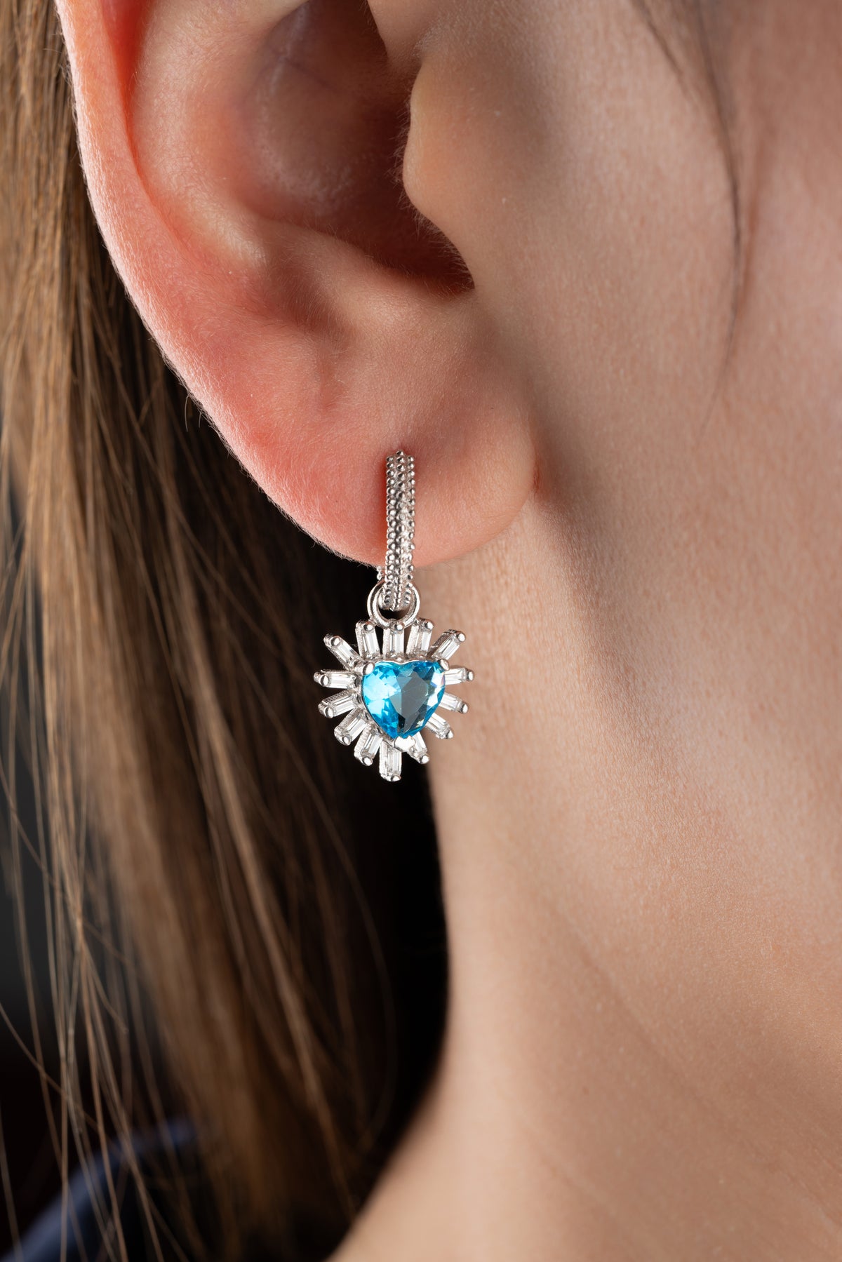 Aquamarine Heart Sunburst Drop Earrings