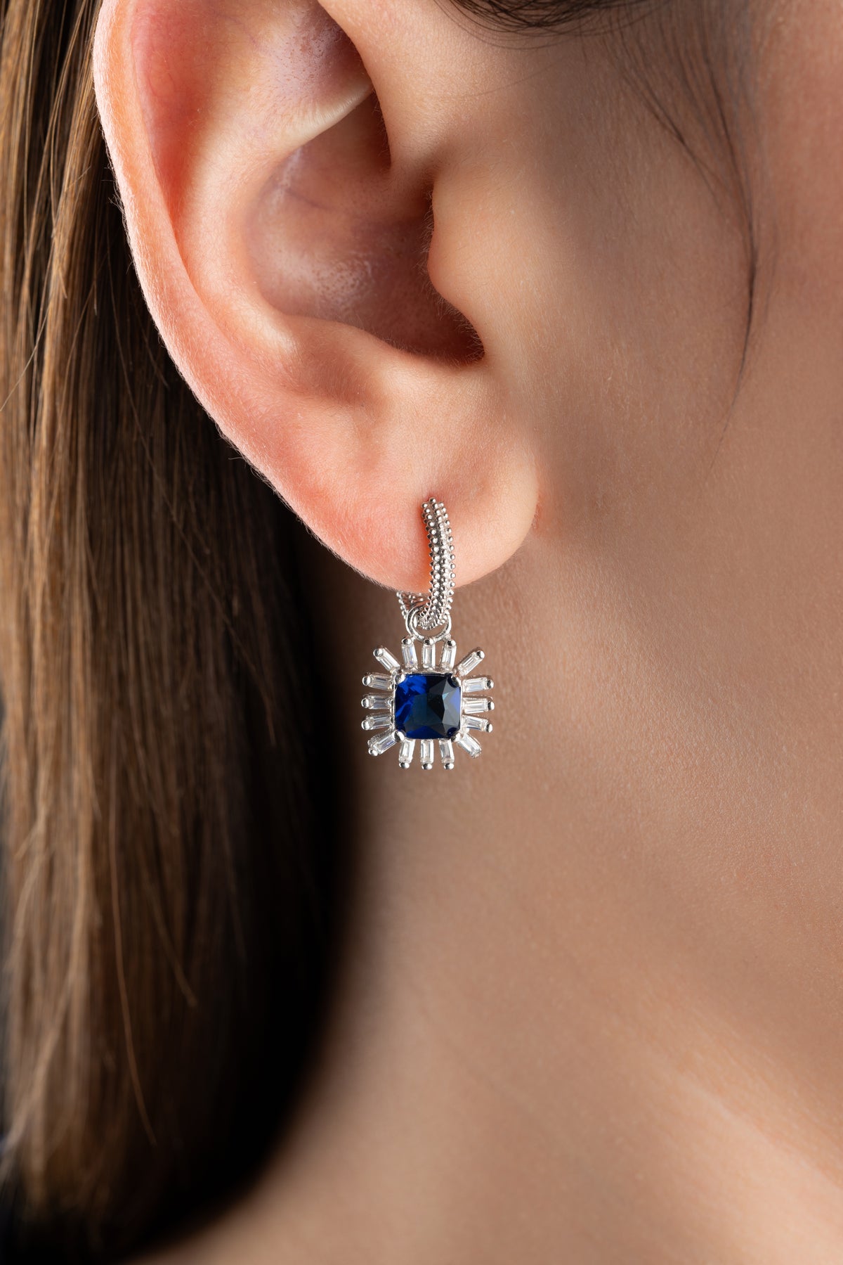 Sapphire Blue Crystal Halo Drop Earrings