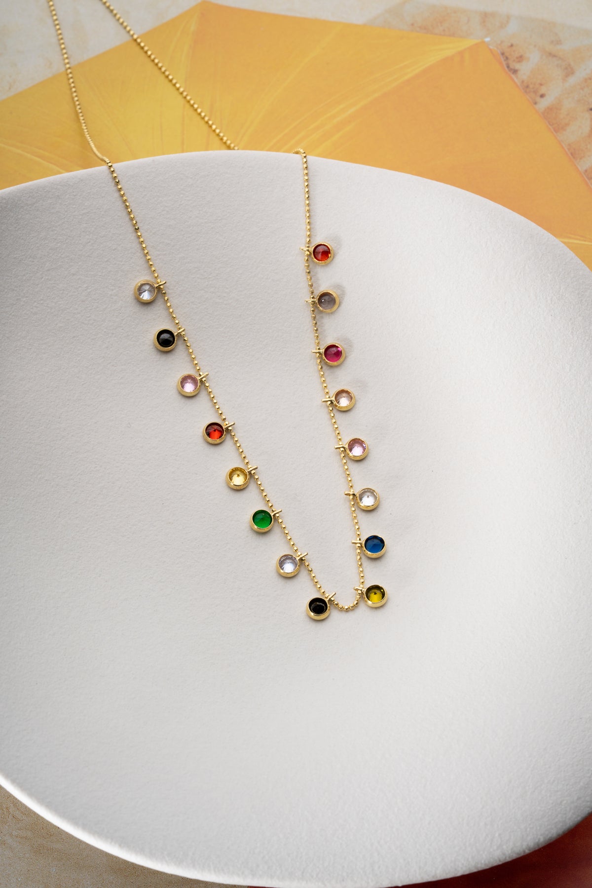 Rainbow Gemstone Station Necklace in Gold