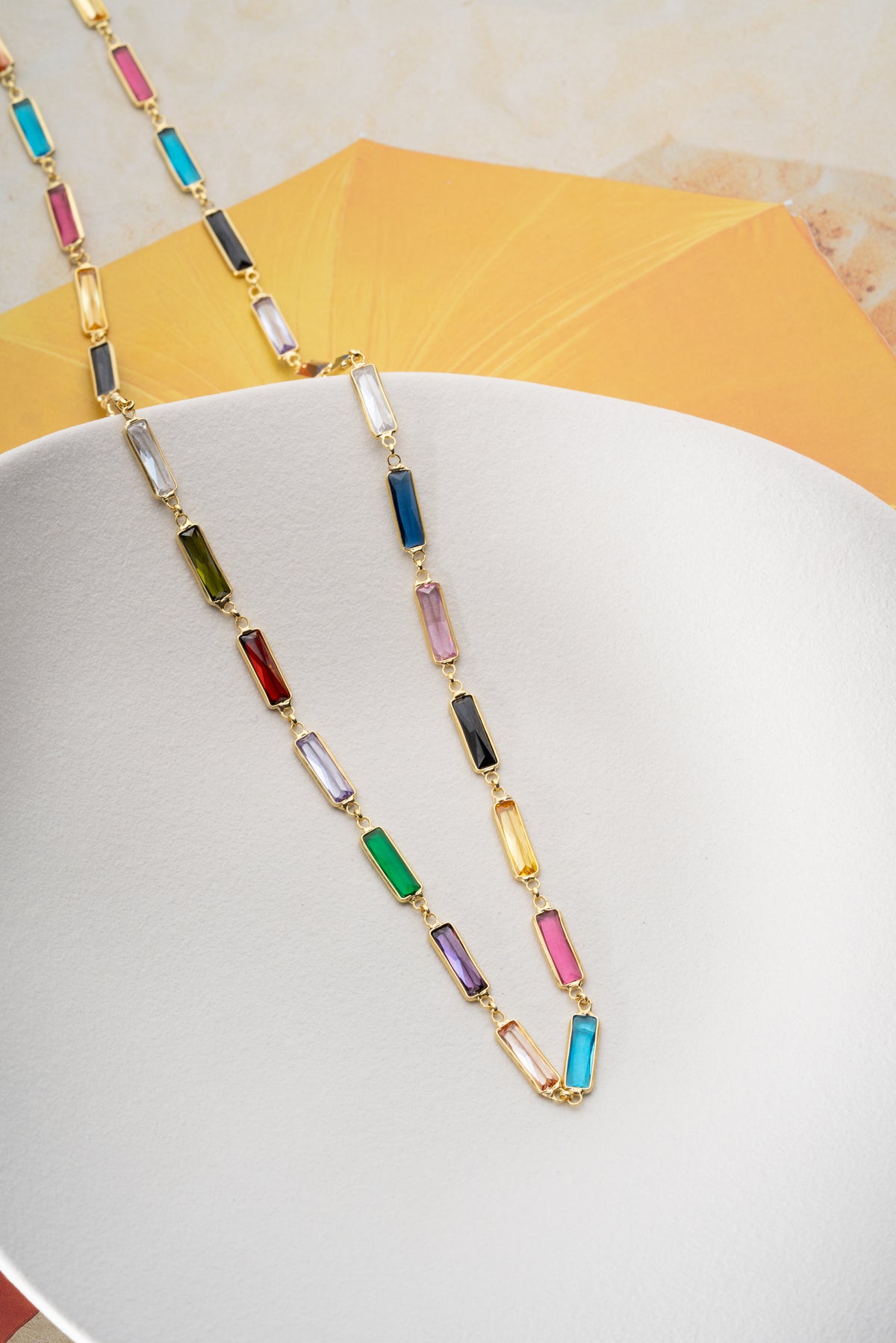 Rainbow Baguette Station Necklace in Gold
