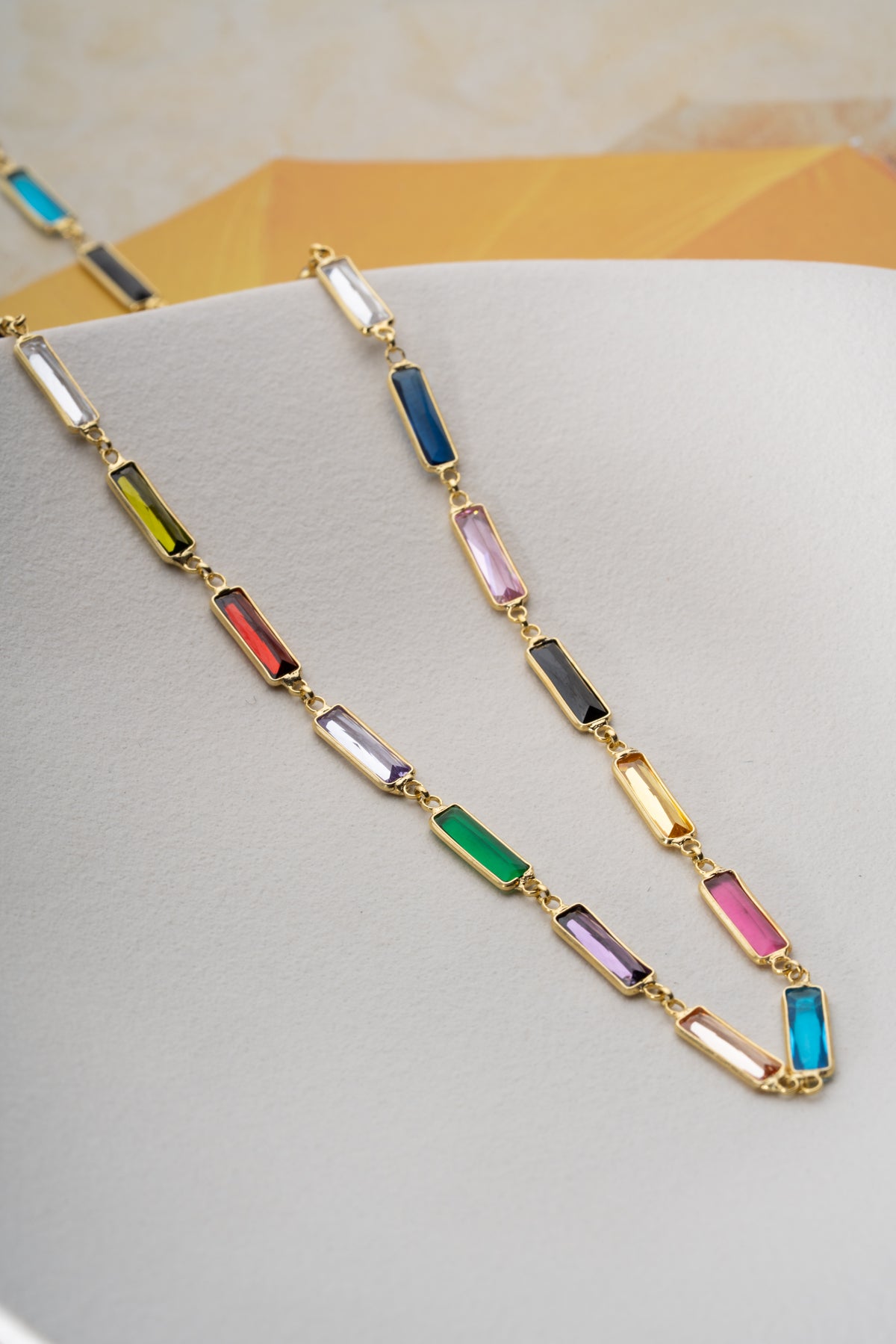 Rainbow Baguette Station Necklace in Gold
