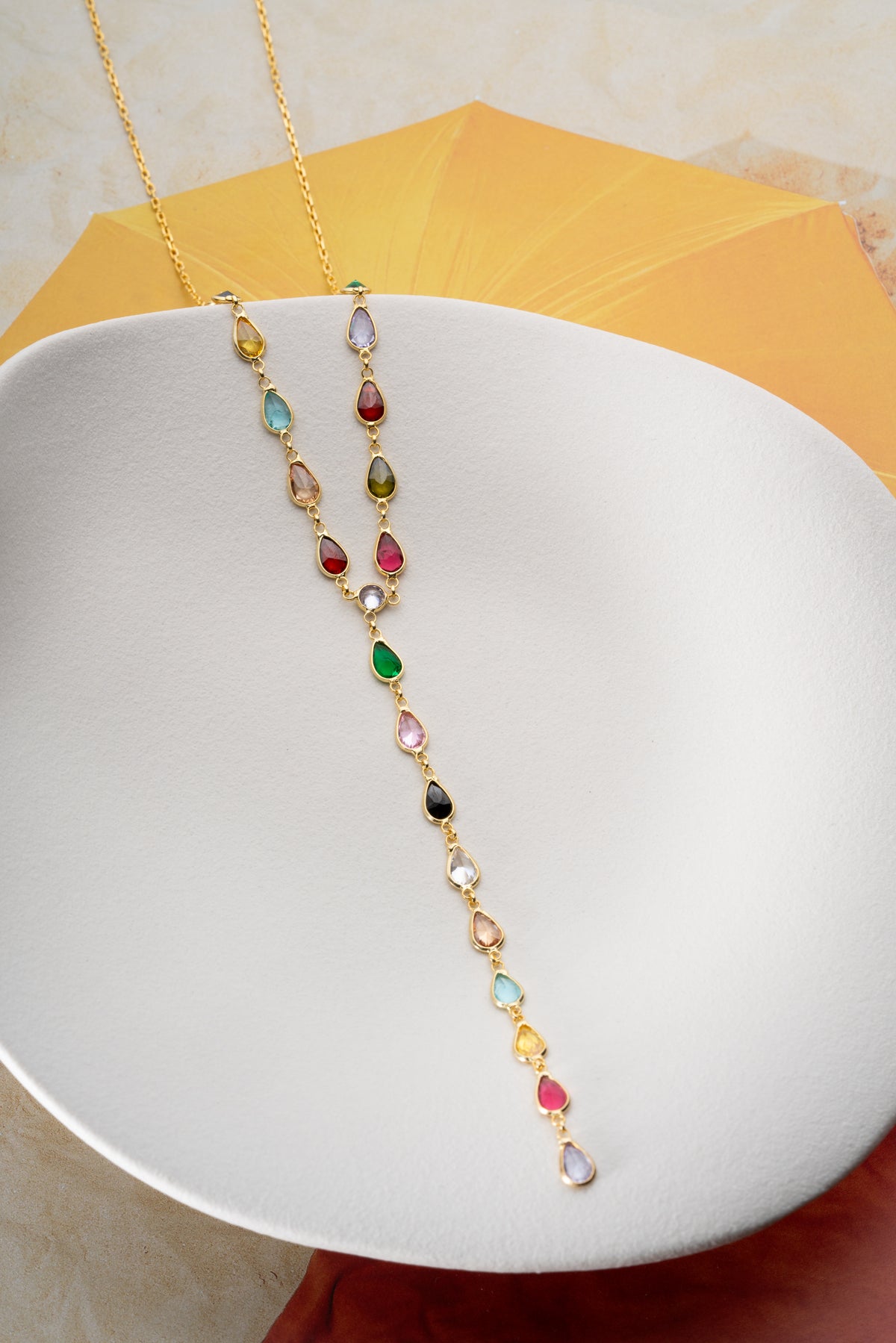 Rainbow Teardrop Y Necklace in Gold