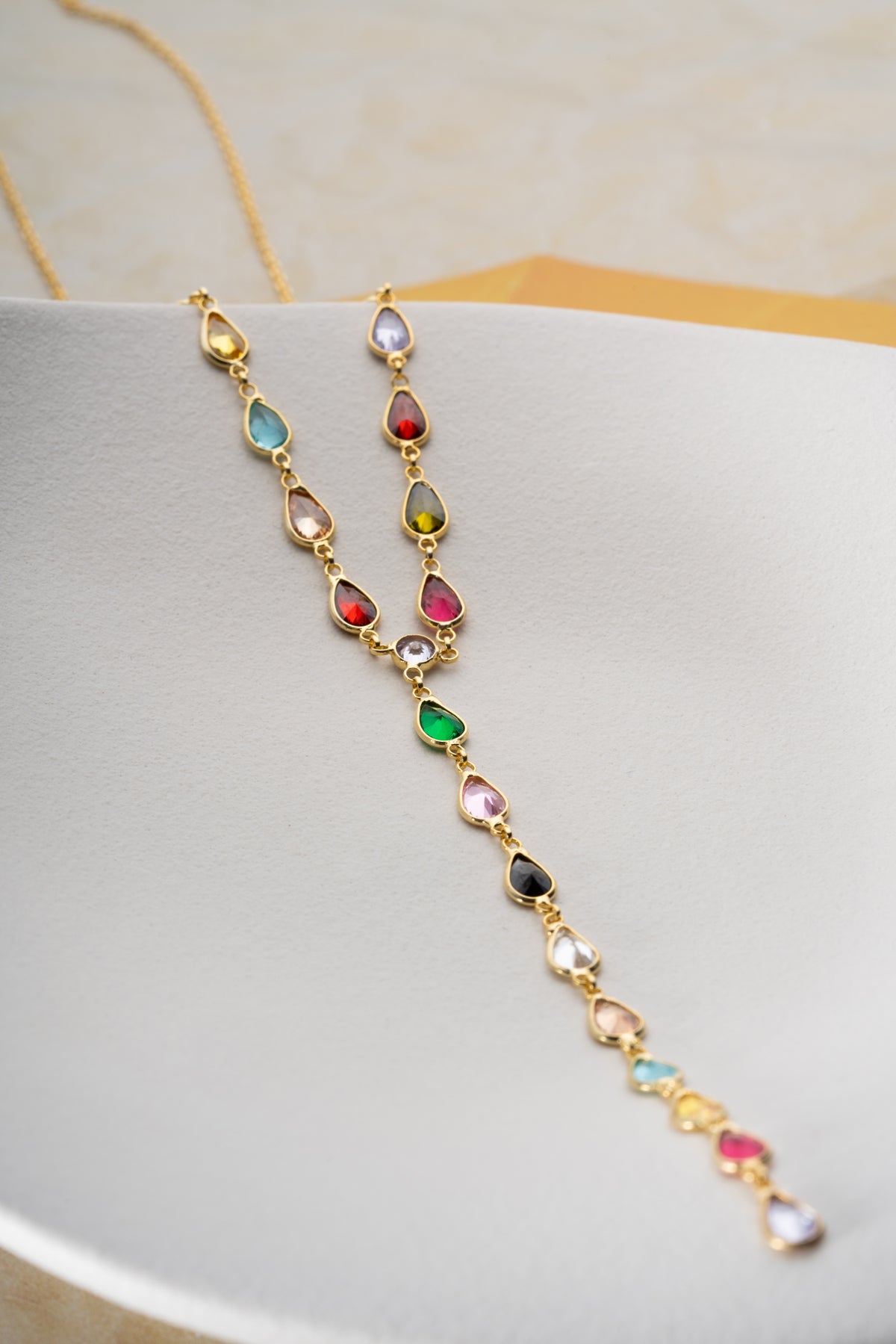 Rainbow Teardrop Y Necklace in Gold