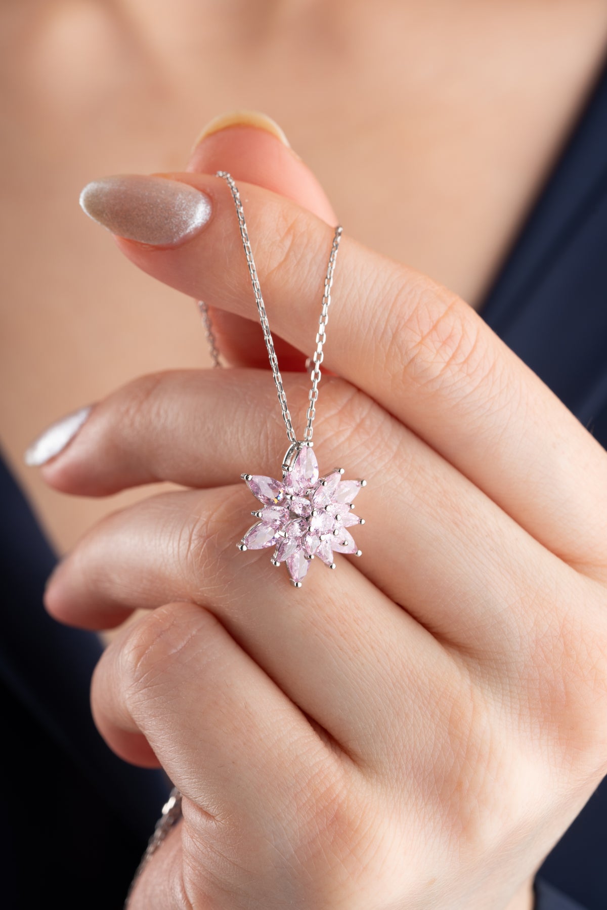 Pink Crystal Flower Cluster Necklace