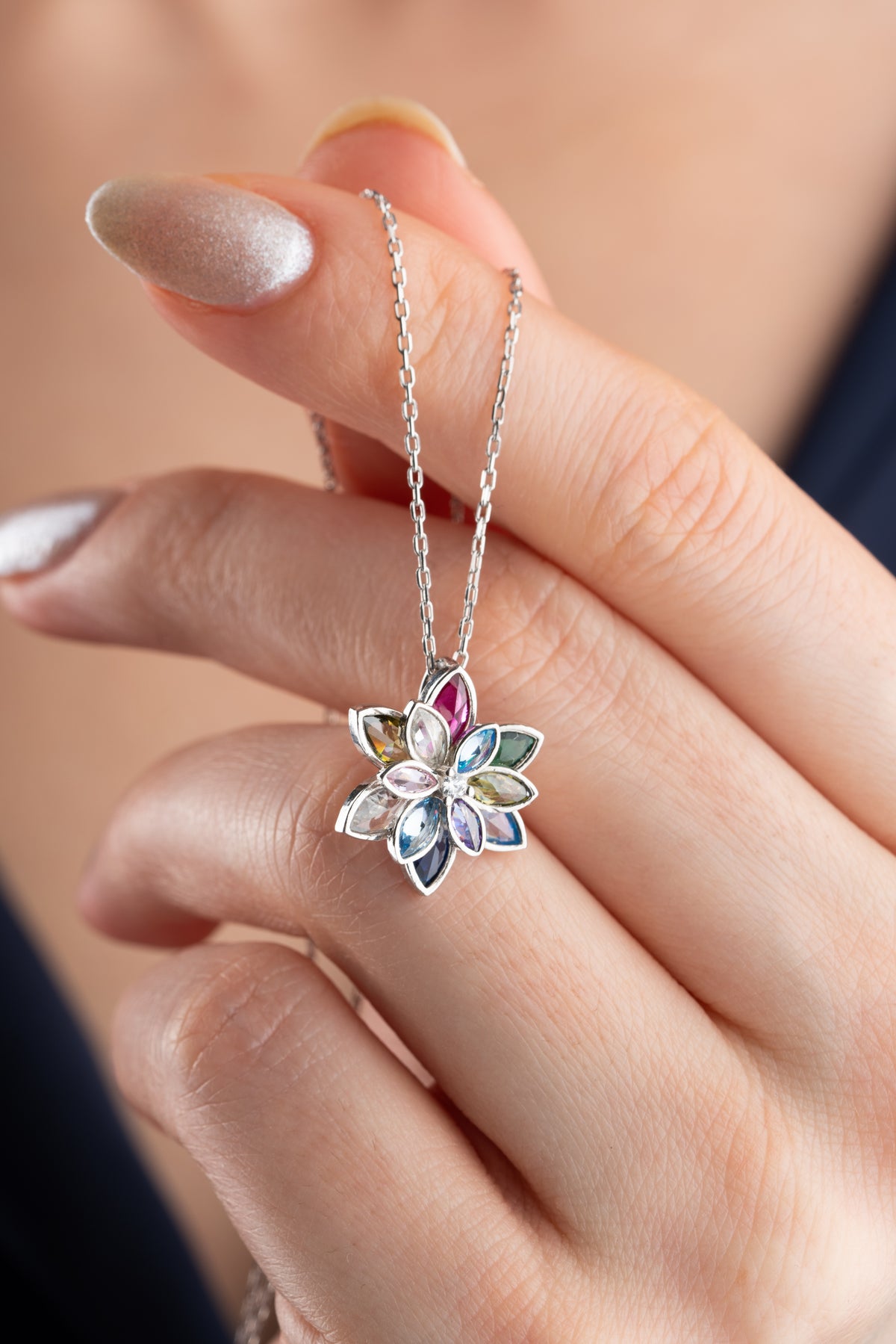 Multicolor Gemstone Flower Pendant Necklace