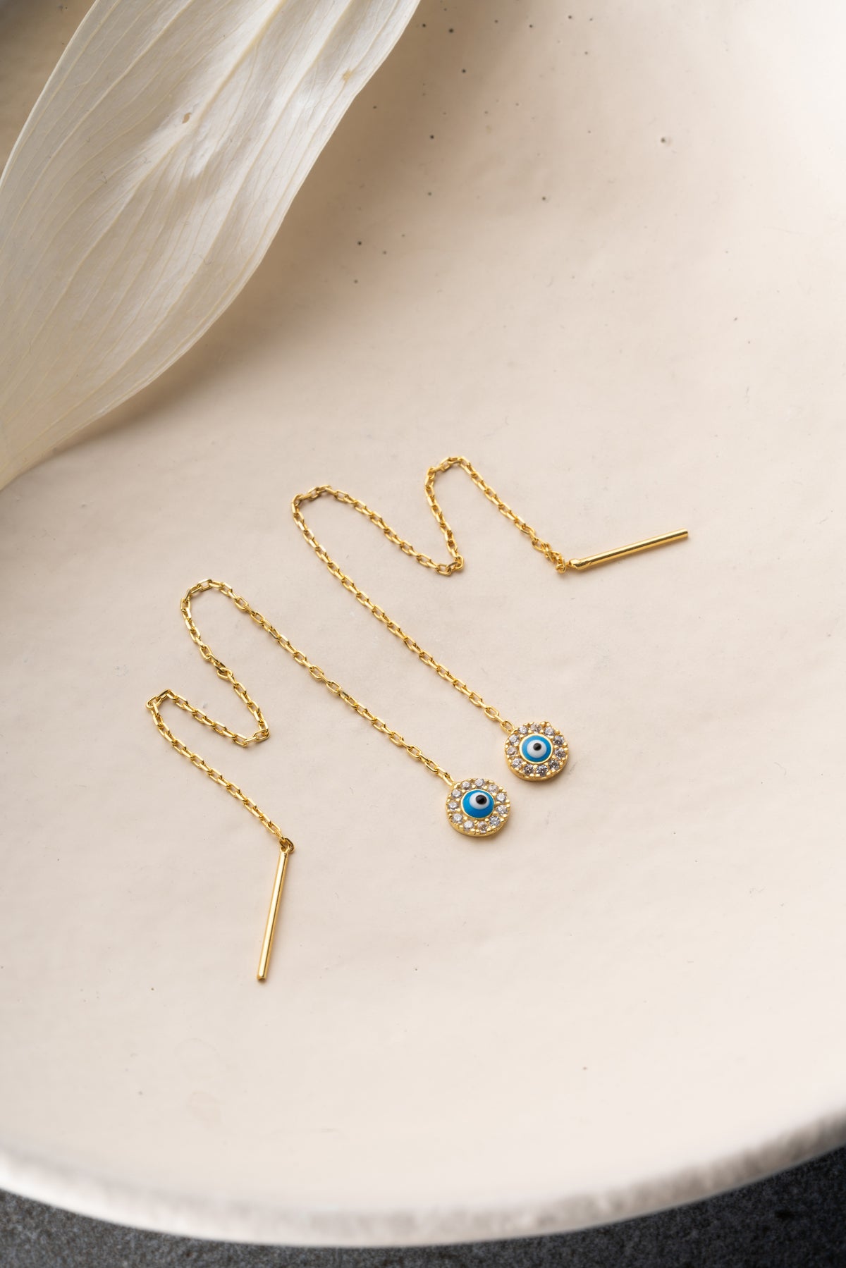 Evil Eye Threader Earrings in Gold